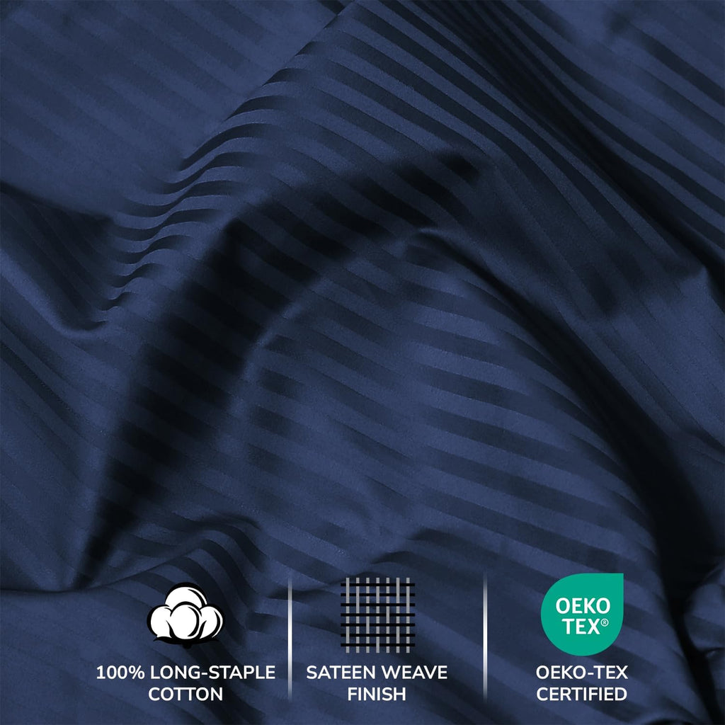 Feather & Stitch 500 TC California King Size Damask Bed Sheet Set, 100% Cotton Soft Breathable Bedsheets, 4 Piece 18" Deep Pockets Sateen Weave Striped Bedding Mattress Resort Hotel - (Dark Blue)