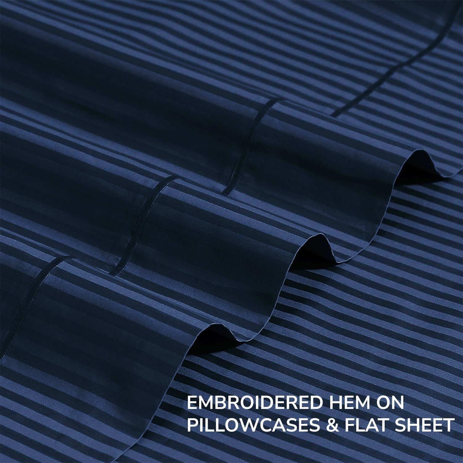 Feather & Stitch 500 TC California King Size Damask Bed Sheet Set, 100% Cotton Soft Breathable Bedsheets, 4 Piece 18" Deep Pockets Sateen Weave Striped Bedding Mattress Resort Hotel - (Dark Blue)