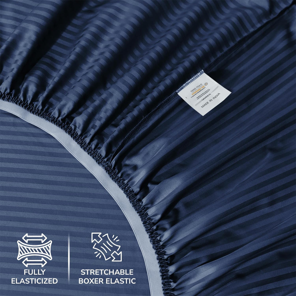 Feather & Stitch 500 TC California King Size Damask Bed Sheet Set, 100% Cotton Soft Breathable Bedsheets, 4 Piece 18" Deep Pockets Sateen Weave Striped Bedding Mattress Resort Hotel - (Dark Blue)