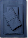Feather & Stitch 500 TC California King Size Damask Bed Sheet Set, 100% Cotton Soft Breathable Bedsheets, 4 Piece 18" Deep Pockets Sateen Weave Striped Bedding Mattress Resort Hotel - (Dark Blue)