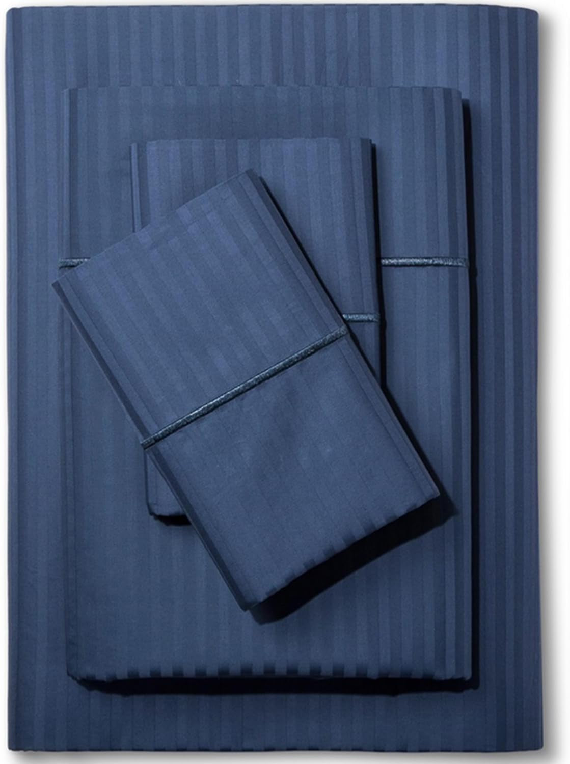 Feather & Stitch 500 TC California King Size Damask Bed Sheet Set, 100% Cotton Soft Breathable Bedsheets, 4 Piece 18" Deep Pockets Sateen Weave Striped Bedding Mattress Resort Hotel - (Dark Blue)